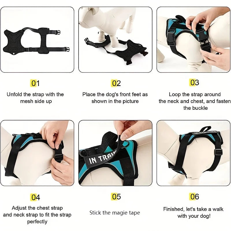 Reflective Adjustable Soft-Oxford Dog Vest Harness with Handle & 5 Interchangeable Patches — Easy-Control, No-Pull, Breathable Harness for Small to Large Dogs