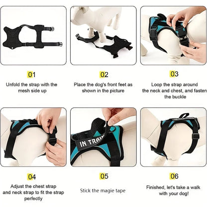 Reflective Adjustable Soft-Oxford Dog Vest Harness with Handle & 5 Interchangeable Patches — Easy-Control, No-Pull, Breathable Harness for Small to Large Dogs