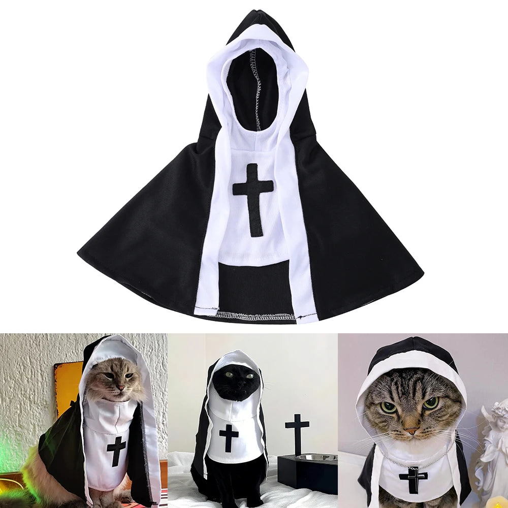 Halloween Cats Nun Costume Jesus Cross Print Kitty Clothes for Small Dogs Funny Cute Dress up Party Pet Overalls Cat Accessories