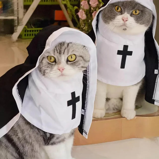 Halloween Cats Nun Costume Jesus Cross Print Kitty Clothes for Small Dogs Funny Cute Dress up Party Pet Overalls Cat Accessories