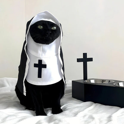 Halloween Cats Nun Costume Jesus Cross Print Kitty Clothes for Small Dogs Funny Cute Dress up Party Pet Overalls Cat Accessories